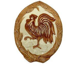 Ceramic Rooster Wall Plaque Trivet Wheat Border Japan Tan Cream Brown Vtg